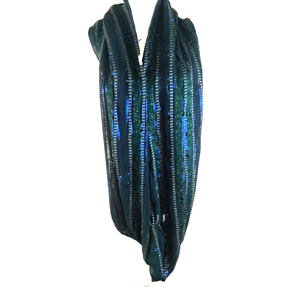 Infinity Scarf Blue Green Metallic Shine Party 68 X 17 - Picture 3 of 4